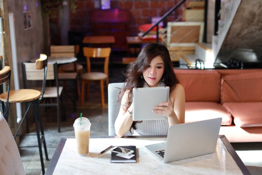 Small business owner checks digital marketing campaigns on various devices