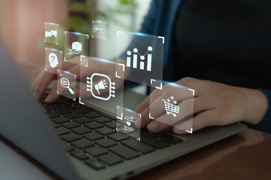 Marketing automation, growth marketing strategy concept. Digital marketing automation tools used for all in one, email marketing, social media, customer journey, pricing, advertising, and loyalty.