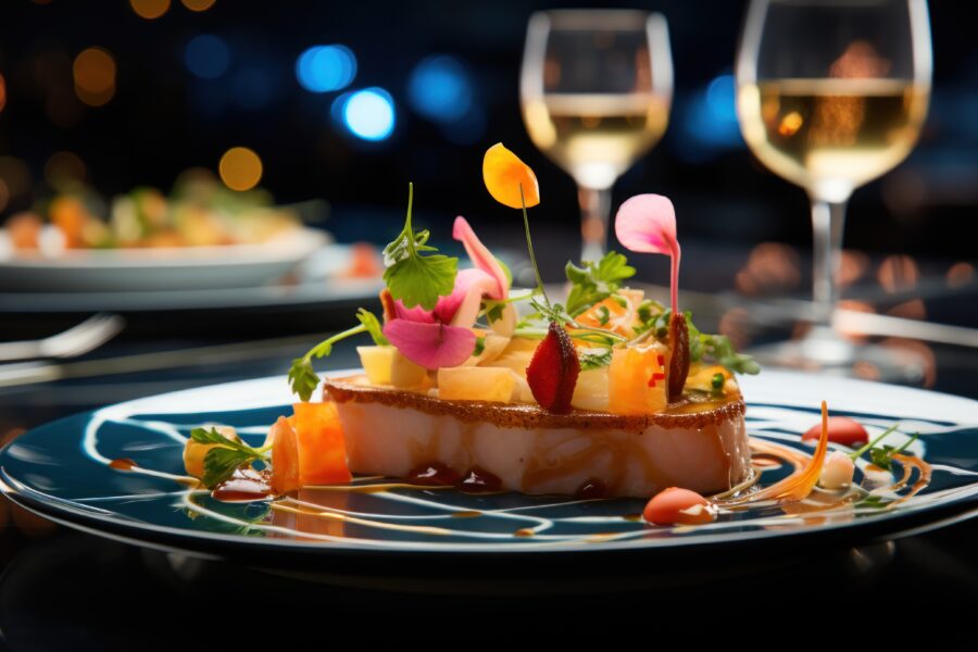 Close up of a top chefs signature dish in a high-end culinary presentation