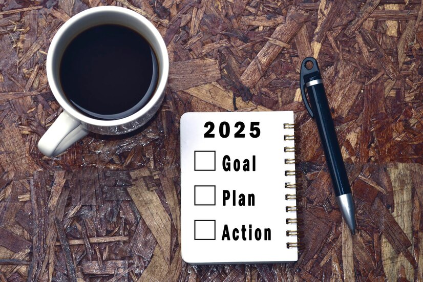 2025 diary on a table with a cup of coffee and a pen