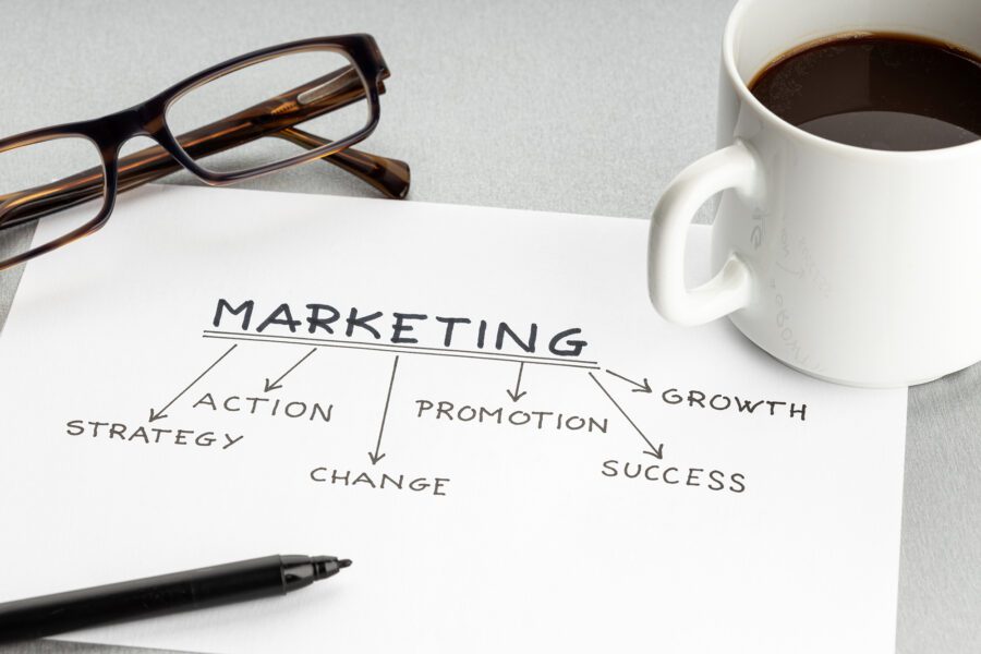 Strategy marketing concept showing marketing keywords on a piece of paper