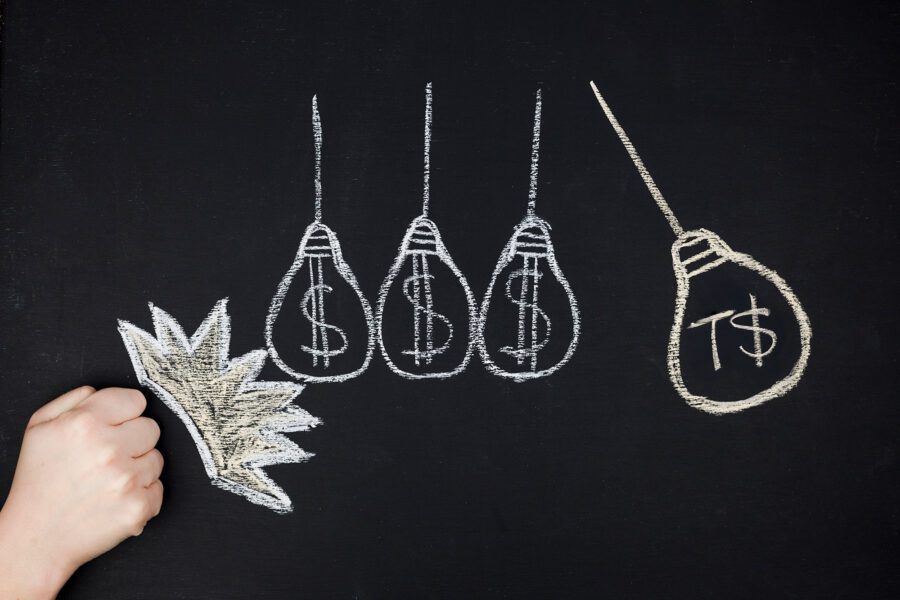 Chalkboard showing business concept with lightbulbs