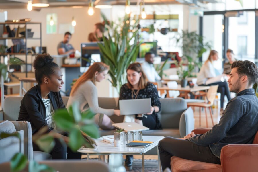 Photograph of a modern coworking space with people engaged in conversations and working on laptops.